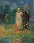 A bather with a child on horseback