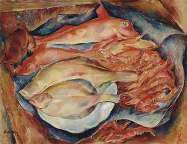Still life with crab, red mullet, prawns, dabs and langoustine