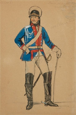 A costume design for La Dame de Pique: an officer in a blue and red jacket