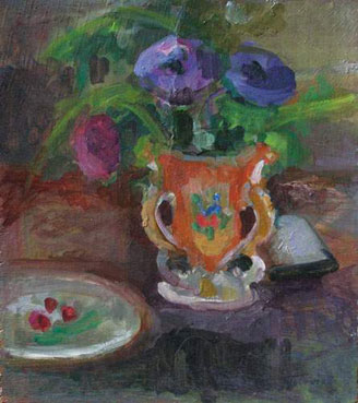 Nature morte au bouquet d`anémones et cerises