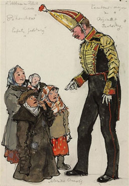 A costume design for Petrushka: a drum major of the Pavlovsky Guard Regiment with four children