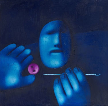 Man with needle and button