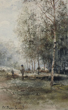 Artist in a birch forest