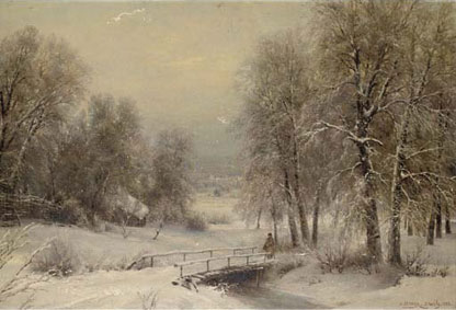 A winter landscape with a figure crossing a bridge