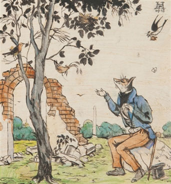 An unpublished illustration for Krylov`s fable The Kind Fox