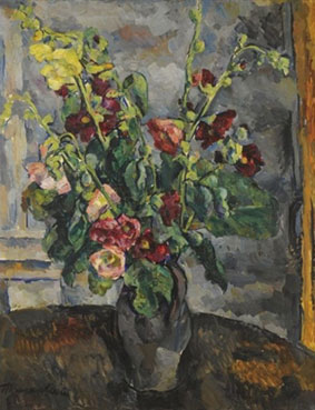 Still life with hollyhocks