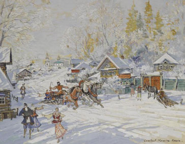 Sunny winter landscape with troika