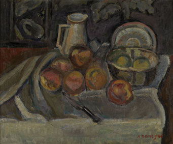 Still life with fruits and a jar