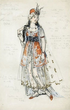 Three costume designs for Le Coq d`or, comprising the queen of Shemakha, the Tsar Dodon, and a horse drawn carriage