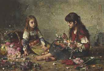 Two girls arranging flowers