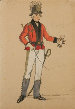 A costume design for La Dame de Pique: an officer with a riding crop