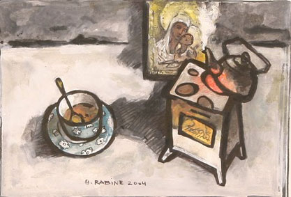 Still life with cup, stove and icon