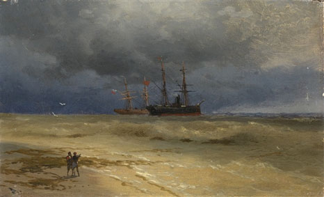 Two ships anchored off a beach