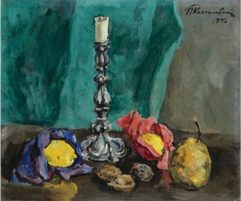 Still life with candlestick and pear