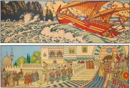 Two color lithographs illustrating stories from the Arabian Nights depicting Alladin and the magic lamp and Sinbad the sailor