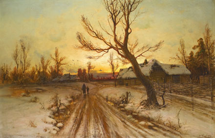 Winter landscape at sunset