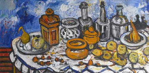 Still life with fruit and bottles
