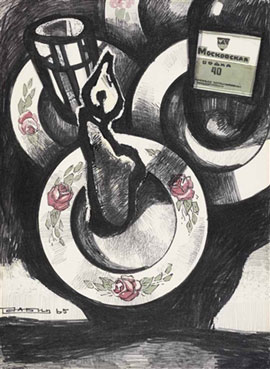 Still life with candle and Moskovskaia vodka bottle; and Visit!