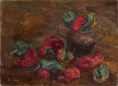 Still life with peppers and a pot