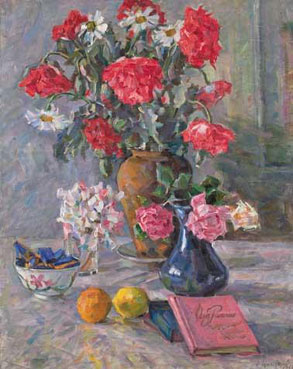 Still life with flowers and a book