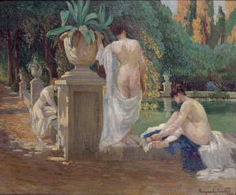 Femmes au bord d`un bassin