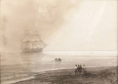 A brig anchored offshore