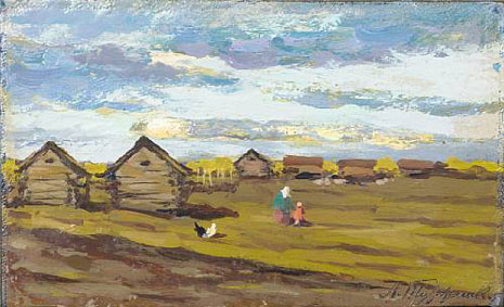 Family scene before the huts 