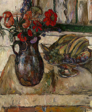 Still life with fruit and bouquet of flowers