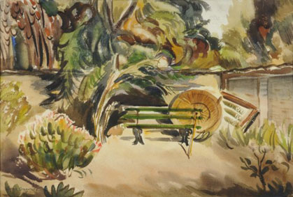 Coin de jardin au banc et parasol