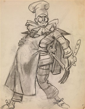 A group of four costume designs for the opera `The love for three oranges`