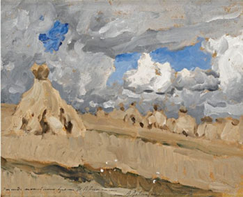 Haystacks in a Russian landscape