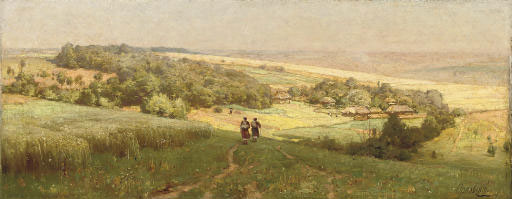 Two figures approaching a village nestled in a valley