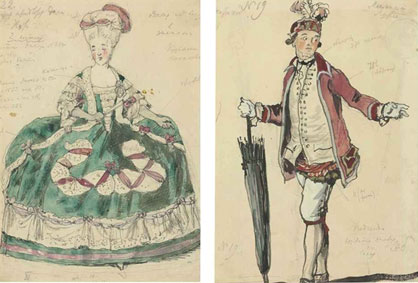 Two costume designs for The Queen of Spades: a man with an umbrella; and a lady at the ball in a green dress