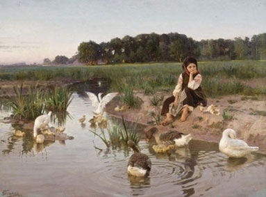 Ukrainian girl tending geese