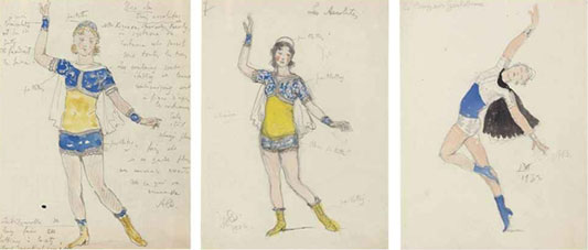 Three costume designs for acrobats in Le Bourgeois Gentilhomme
