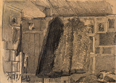 Sketch of coats on a coat rack