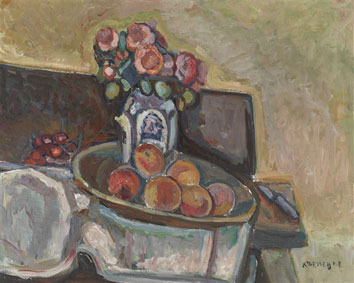 Still life with flowers and peaches