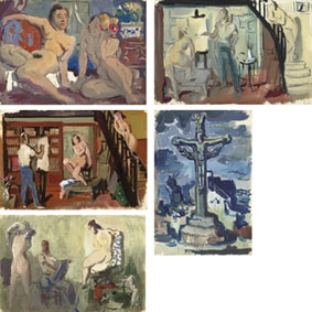 Two conversing female nudes; Four scenes of artist and nude models in his studio; and Le crucifix en Bretagne