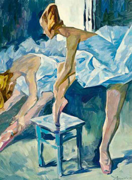 Three ballerinas in blue dresses