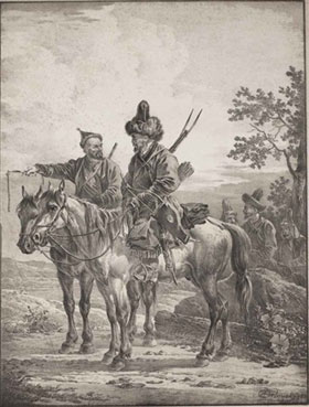 Two Bashkirs on horseback; and Two Cossacks on horseback