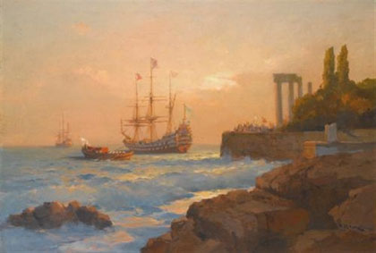 Triumphant ship approaching the harbour