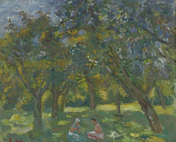 Two women sitting among trees