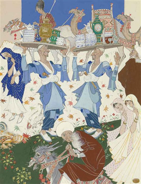 Tea service at the bazaar; and Three merchants at the bazaar