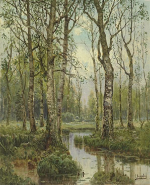 A stream running through a birch wood