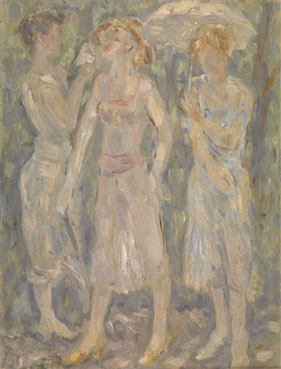 Three women with umbrellas