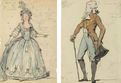 Two costume designs for The Queen of Spades: a lady at a ball; and Tchekalinsky
