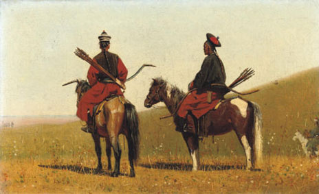 Two Chinese horsemen on the steppe