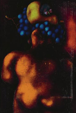 Portrait with grapes, pear, plum and dragonfly