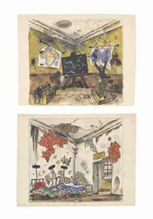 Two set designs: The hospital; and The school