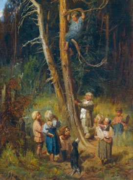 Children raiding nests in the forest